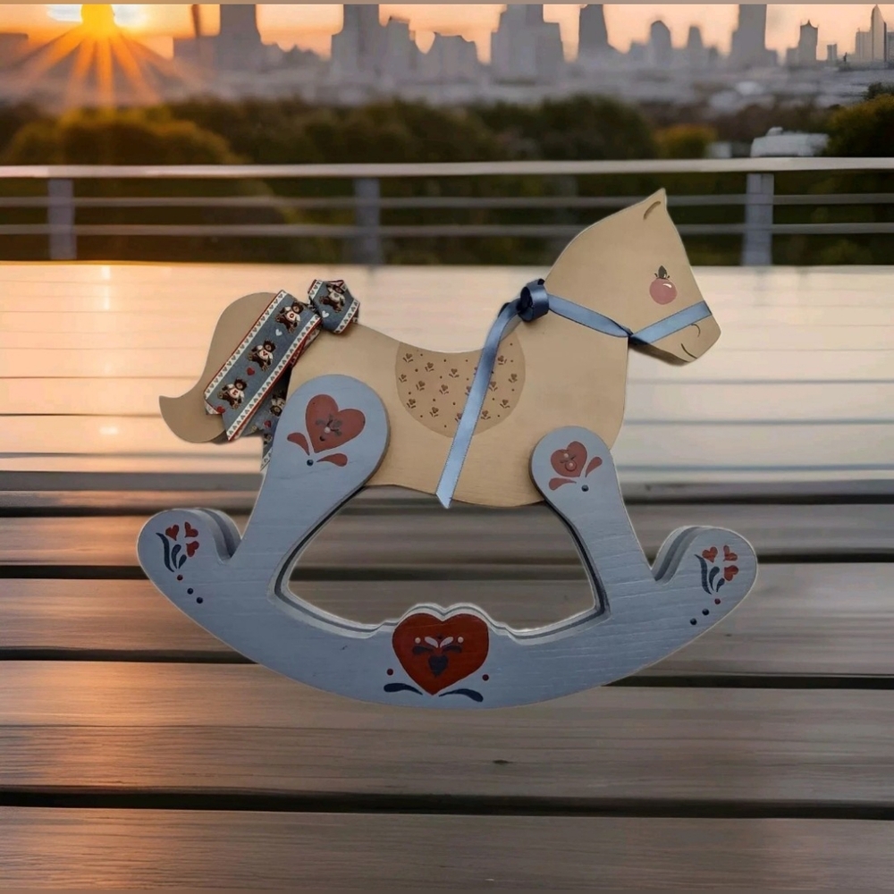 12"X13" Rocking Wood Horse Hand Painted Toddler & Baby Room Decoration Toy Blue.